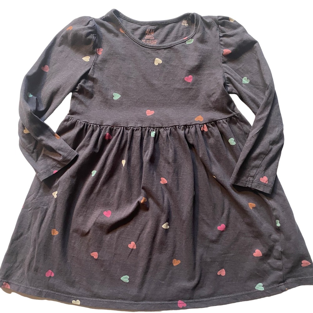 H&M Toddler Heart Print Cotton Long Sleeve Dress in Dark Grey (5T/6)